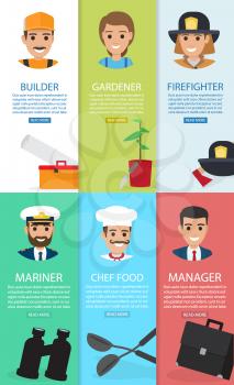 Vector of bearded mariner with binoculars, builder with tool box, gardener with plant in pot, firefighter with ax and hat
