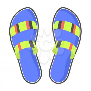 Striped summer flip-flops with blue footbed isolated on white background. Women comfortable footwear for fresh look and beach walks. Fashionable women footwear with a flat sole vector illustration.