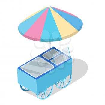 Street cart store with freezer isometric icon. Trolley with fridge under colorful umbrella isolated vector. Movable shop on wheels illustration for mobile eatery, fast food cafe, ice-cream shop ad