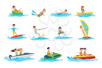 Deep dive, sport canoeing, ride surfboard, go water skiing, funny yachting, drive motor boat, scooter walk and inflatable banana vector illustration.