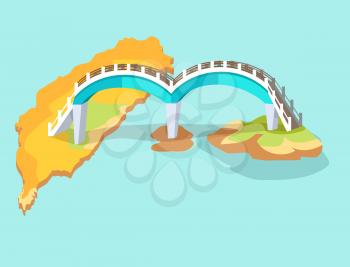 Dragon arched bridge in Taiwan drawn icon isolated on blue. Vector illustration of Formosa bridgework located between several islets and ends on largest of Sanyatay aits. Two arches on lower islands.
