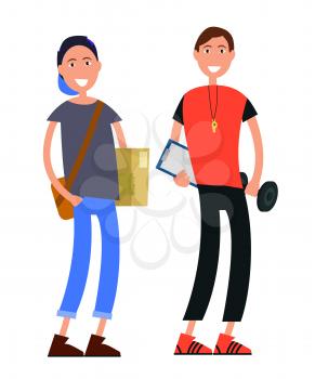 Courier in cap, with bag and box and coach in sportsuit with whistle, notepad and barbell isolated on white background vector illustration.