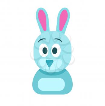 Blue toy small hare with funny surprised face, raised eyebrows and big ears isolated vector illustration on white background.