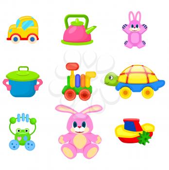 Yellow car, pink kettle, cute rabbit, toy saucepan, colorful train, turtle on wheels, frog beanbag, fluffy bunny and small boat vector illustrations.