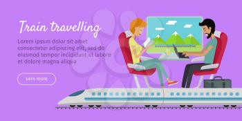 Train travelling conceptual web banner. Railway comfortable family journey. Young couple relaxing sitting in comfortable armchairs in express. Traveling by train concept. Vector in flat style design.