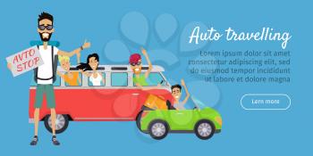Auto travelling conceptual banner. Autostop travellers. Set of character. Happy young man standing with a sign hitchhiking and raised his thumb up. Vintage van with cheerful people in windows. Vector