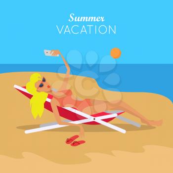 Summer vacation. Leisure on tropical sunny seaside. Woman making selfie on chaise-longue at beach in tropical country. Sunbathing and relaxing on the seashore. Woman in sexy bikini. Vector