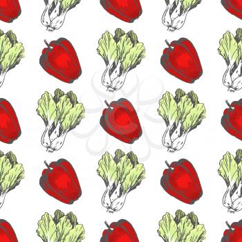 Red sweet pepper and Chinese cabbage seamless pattern. Healthy fresh organic vegetables vector illustrations formed in endless texture.