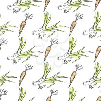 Crispy carrot and green leek seamless pattern. Organic healthy vegetarian vegetables vector illustration formed in endless texture.