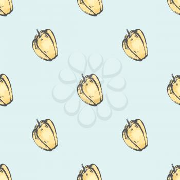 Sweet ripe Bulgarian pepper isolated sketch endless texture. Tasty and healthy ripe vegetable seamless pattern on blue background.
