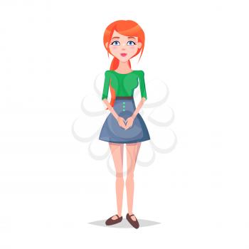 Obedient woman with docile posture isolated on white. Amenable redhead girl avatar userpic in flat style design. Vector illustration of biddable human in green blouse and skirt with hands together