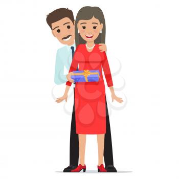 Happy couple. Husband with mustache smiles and makes his wife in red dress present. Vector illustration of happy moment in family life. Make presents and show love. Go dating holiday celebration.