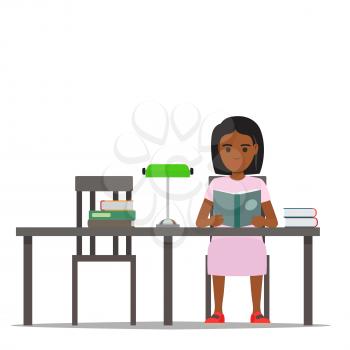 Young woman reading textbooks in library. African american student seating at the table with open book in hand isolated flat vector. Enthusiastic readers illustration for educational and hobby concept