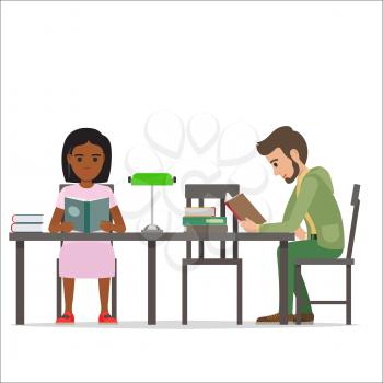 Female and male people sitting at table with green lamp and piles of volumes read books. Process of getting to know some information from paper editions. Vector illustration of reading youth