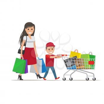 Family out on Shopping. Mother with bags goes besides her son who pushes shopping trolley full of purchases. Cartoon family has fun during shopping vector illustration from shopping collection.