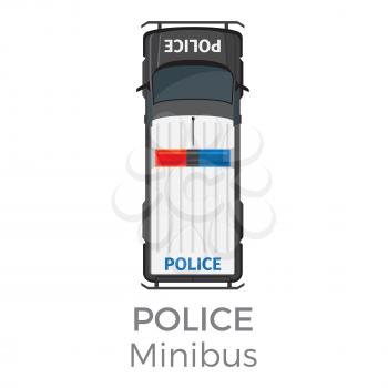 Police minibus car service means of transportation isolated on white. Vector city transport icon, police car for delivery criminals into police office, top view on vehicle in cartoon flat style