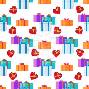 Adorned festive present boxes seamless pattern. Groups of gift boxes with colourful ribbons and bows endless texture with white background. Vector illustration of wallpaper design endless texture