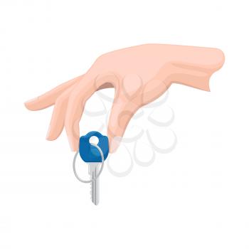 Human hand isolated holding one key on white. Vector illustration of passing key and selling something. Icon in flat style of purchasing concept by arm that is going to give blue key with circle