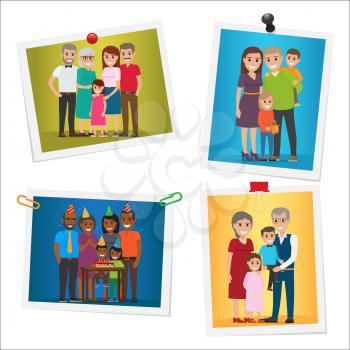 Happy family pinned portraits set. Smiling parents and grandparents standing with children and celebrating kids birthday with friends on pictures with pins and clips isolated flat vector illustration