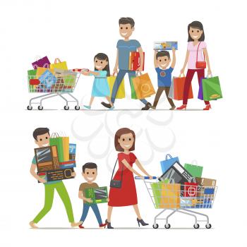 Two walking and smiling families with purchases. Lines of people carrying packages and riding trolleys with goods and items on white. Vector illustration of relatives going and doing shopping