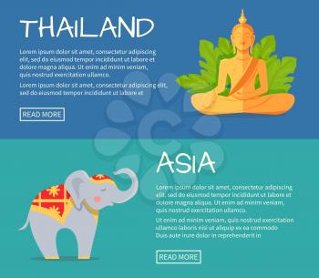 Set of Asia and Thailand web banners. Monument of Buddha and cute elephant in ornamented cape flat vector illustrations. Horizontal concepts with Asia related symbols for travel company landing page