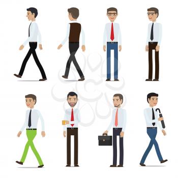 Businessmen cartoon characters collection. Men in business casual clothing with various emotions on faces and objects in hands flat vector isolated on white. Office clerks set for business concept
