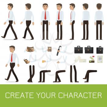 Businessman personage generator with smiling man in shirt and tie for creating your character. Man figure with body parts, objects in hands and business attributes flat isolated vector illustrations