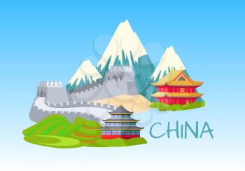 China sightseeing elements for visiting on blue Background. Vector illustration of mountains with white tops, Great wall of China on sand, building in asian style and inscription in the right corner