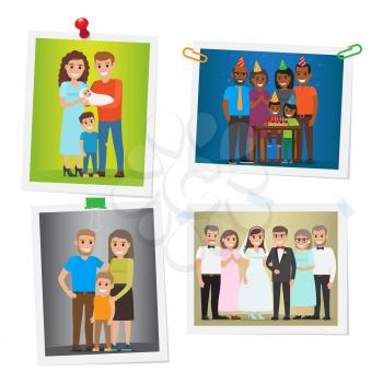 Happy family pinned portraits set. Smiling parents with children celebrating kids birthday and newlyweds with parents-in-law on wedding ceremony pictures with pins and clips flat vector illustrations