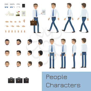 Businessman character generator with various emotions on face, palm gestures and business attributes. Standing and walking figures of man in shirt and tie flat vector illustrations isolated on white