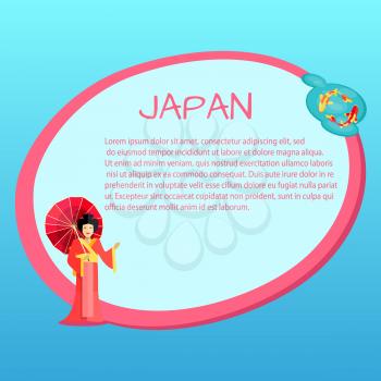 Japan touristic banner with national symbols and sample text. Geisha in kimono with umbrella and koi carps in water flat vector illustrations. Vacation in asian country concept for travel company ad