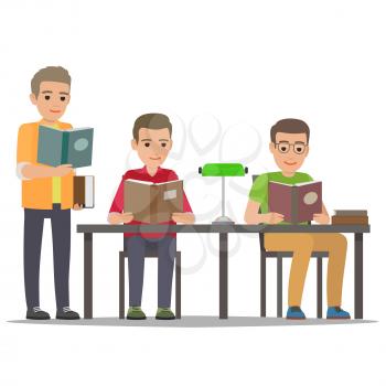 Young men reading textbooks in library. Students seating at the table and standing with open book in hand isolated flat vector. Enthusiastic readers illustration for educational and hobby concept