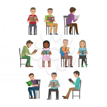 People reading textbooks. Men and women seating on chair with open book in hands flat vector isolated on white background. Enthusiastic readers illustration for educational and hobby concepts