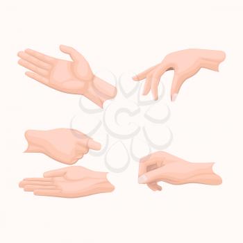 Human palm gestures set. Man hand in various positions with gathered together fingers and open palms handing something flat vectors set isolated on white background for business concepts  