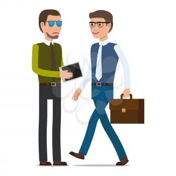 Two men make a transaction on white background. Man in sunglasses with beard conveys tablet to man with brown suitcase in glasses. Vector illustration businessman career people card design.