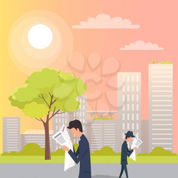 Male people are walking in opposite directions and reading fresh newspapers on urban street. Vector picture of men spending time outside in good summer or spring weather with buildings on background