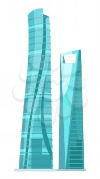 Skyscraper two glass buildings isolated on white. Traditional attribute of big cities for people living and for offices. Vector illustration of futuristic modern buildings with huge glass windows