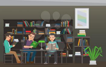People reading textbooks in library. Male students seating with open books in hand in interior with bookshelves flat vector. Enthusiastic men readers illustration for educational and hobby concepts