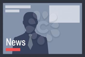 News inscription near male silhouette in suit and tie. Vector illustration of news screen with news presenter man isolated icon on grey background with light rectangular space and two lines.