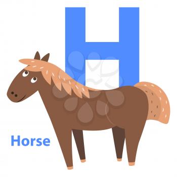 Cute brown horse on alphabet icon flat design on white background. Big letter H above cheerful equine in cartoon style. Vector illustration of primary or preschool education graphic figure for web.