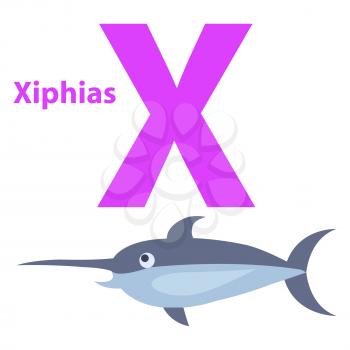 Funny alphabet with cartoon animal purple letter X and gray xiphias on white background. Vector illustration of english ABC for babies. Drawn large fish with sharp nose. Flat design teaching icon.