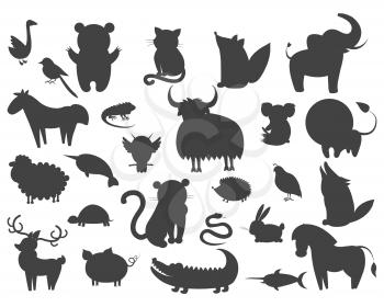 Set of cartoon animal pets icons isolated. Vector illustration silhouettes of guana and turtle, horse and owl, curly sheep, prickly hedgehog, magpie, large xiphias, whitey goose, crocodile with rabbit