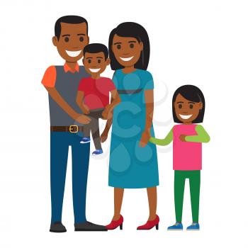 Two parents with little children. Smiling african american couple in casual clothing with son and daughter flat vector isolated on white. Happy family illustration for relations and parenthood concept