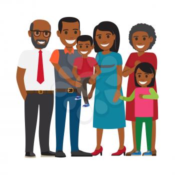 Tree generations of family together. African american boy and girl with their parents and grandparents isolated flat vector. Happy relatives illustration for family values and relations concepts