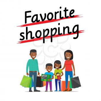 Favorite family shopping process icon on white. African smiling parents and children stand with packages and presents. Vector illustration in flat style of people that bought some goods and items