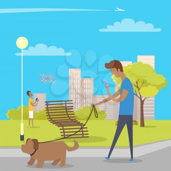 Boy walks with dog in park and uses smartphone. Guy behind him plays with quadrocopter. Green tree, wooden bench near bushes, skyscrapers, streetlight in park and airplane crosses sky vector