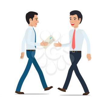 Businessmen handing correspondence. Two clerks in shirt and tie gives post envelope from hand to hand on move flat vector isolated on white background. Mail delivery illustration for business concept