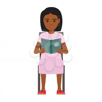 Young woman reading textbook. African american male student seating on chair with open book in hands flat vector isolated on white. Enthusiastic reader illustration for educational and hobby concepts
