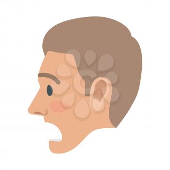 Surprised brown-haired man face icon. Male head in profile view with open mouth and raised eyebrows flat vector isolated on white background. Human emotions illustration for people infographics
