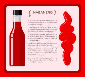 Habanero red sauce framed banner with sample text. Traditional seasoning from hot chili pepper in glass bottle flat vector. Cuban national cuisine ingredient illustration for restaurant menus design